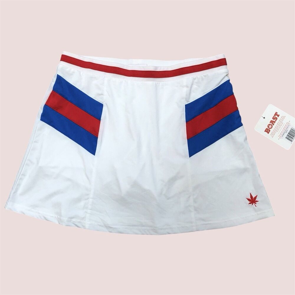 NWT Boast White Flat Front Tennis Skort Skirt Red and Blue Accents A Line Large